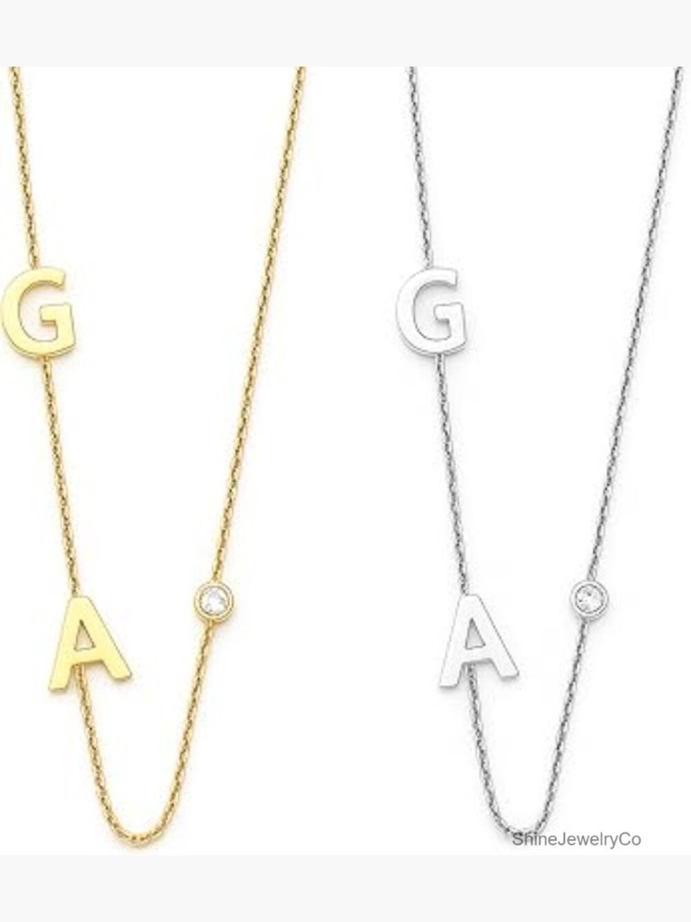 14k Solid Gold Sideways Initial Necklace with Solitaire Diamond